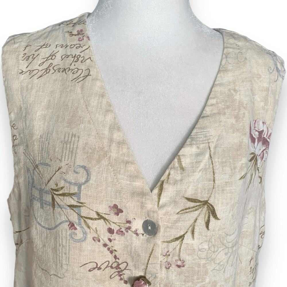 Vintage 90s Cream Linen Vest‎ Floral Script Rosette Abalone Buttons Romantic